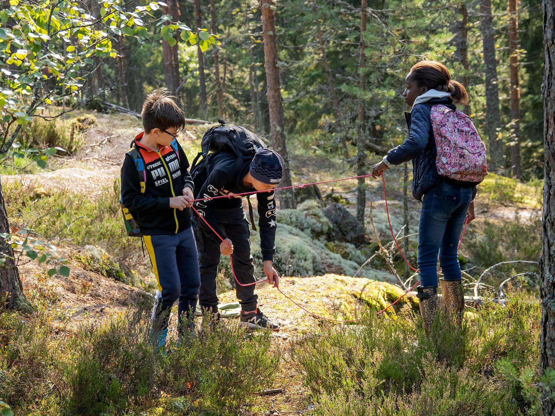 Oppilaat rajaavat tutkimusaluetta metsässä.