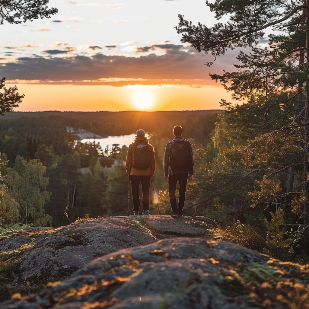 retkipaikka_picture_of_two_hikers_on_a_date_in_nuuksio_nation_a5a7fef4-1d98-4944-8fd3-1eb8cf17a91f_0 Ihmiset seisoo luontomaisemaa katsomassa kesäillassa