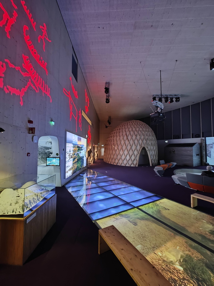 Näyttelytila jossa luonnon ja mytologian elementtejä