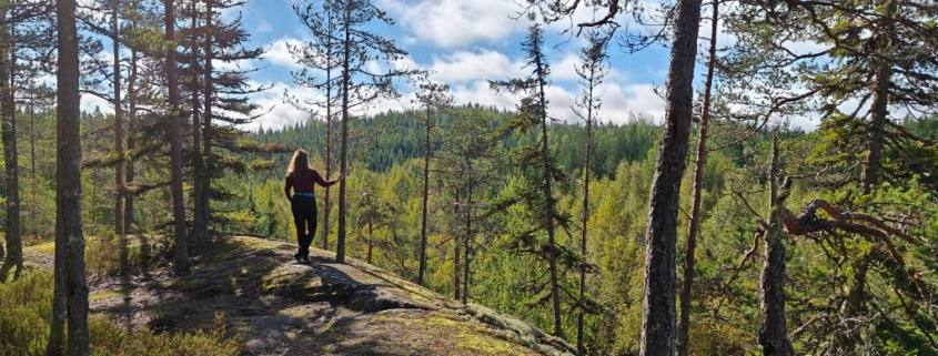 Ihminen katsoo luontomaisemaa kallion päältä