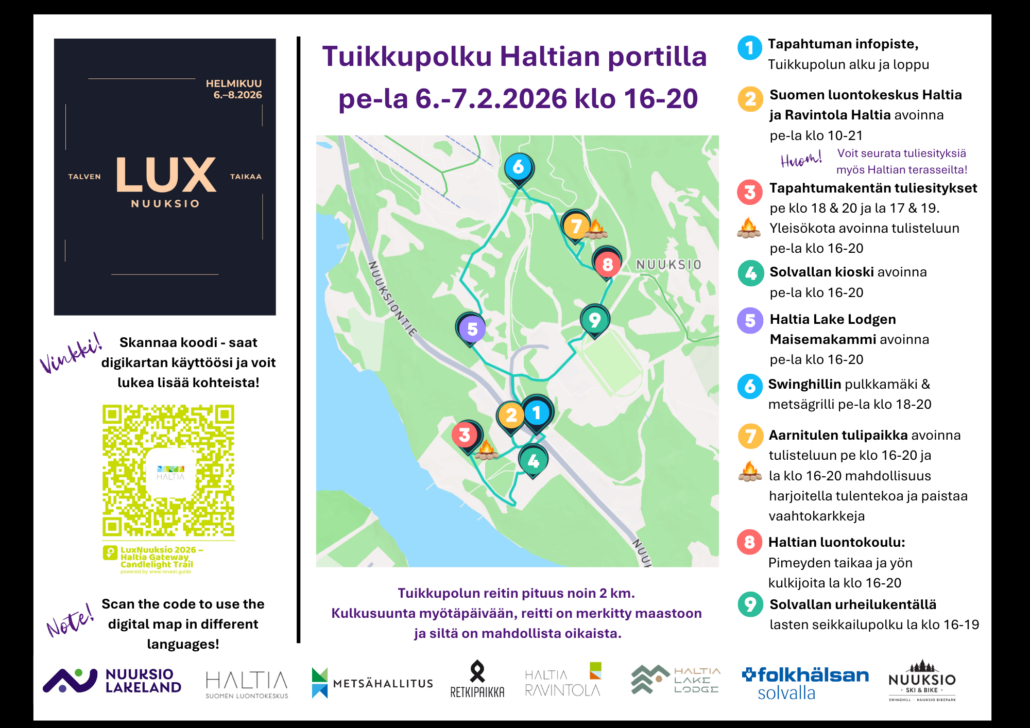 LuxNuuksio tapahtuman tuikkupolun kartta ohjeineen